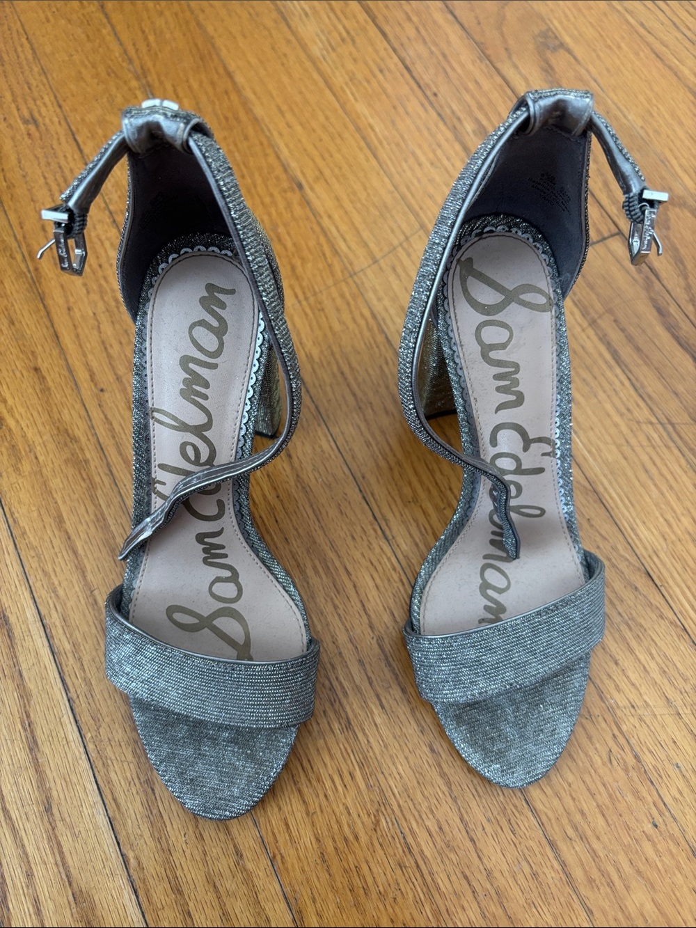Sam Edelman Metallic Gray Ankle-Strap Heels